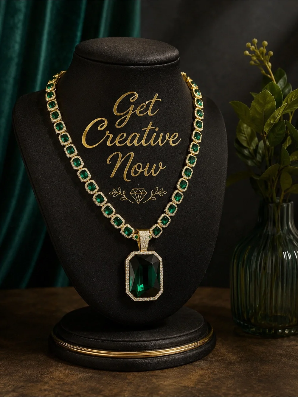 Deep Emerald Pendant Statement Necklace sparkling rhinestones accents-Holiday